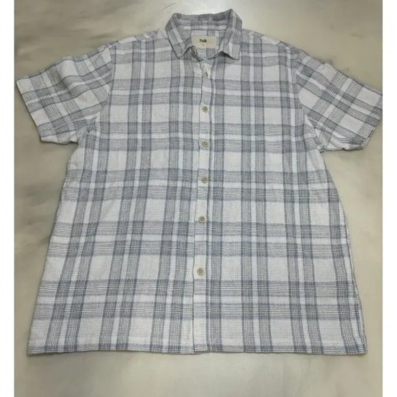 NWT Folk Curtis Plaid Short Sleeve Button Up Tee In Blue Small Linen Blend $155