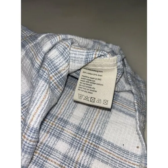 NWT Folk Curtis Plaid Short Sleeve Button Up Tee In Blue Small Linen Blend $155