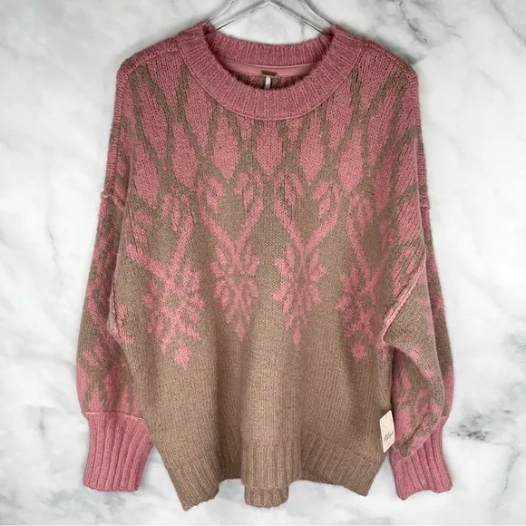 NWT Free People Fireside Tunic Chunky Knit Pullover Sweater Fair Isle Pink XS