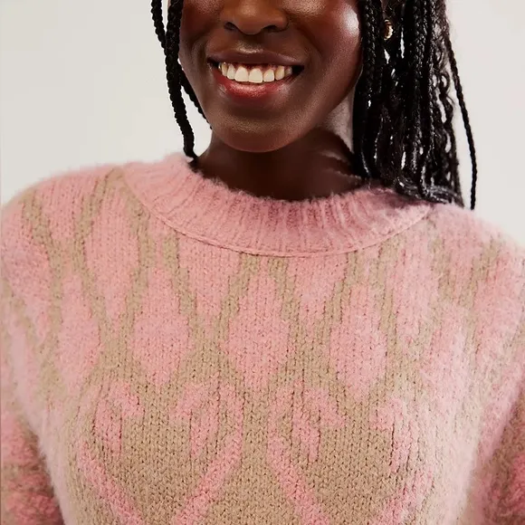 NWT Free People Fireside Tunic Chunky Knit Pullover Sweater Fair Isle Pink XS