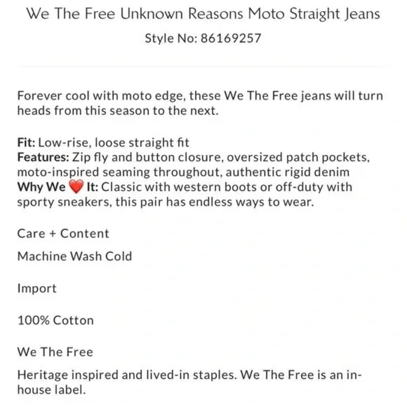 NWT Free People We the Free Unknown Reasons Mid Rise Moto Straight Jeans size 27
