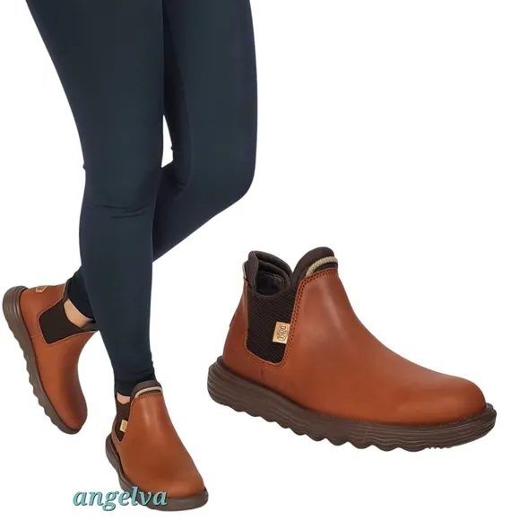 NWT Hey Dude womens Branson Chelsea boots craft leather cognac brown pull on
