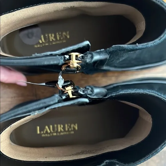 NWT Lauren Ralph Lauren Leather Black Colbie Ankle Boots   gold tone logo LRL 8