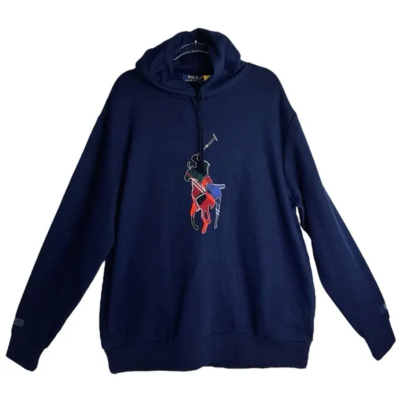 NWT Polo Ralph Lauren Mens Navy Blue Hoodie Patchwork Pony Logo Size XLT