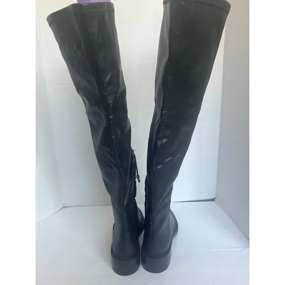 NWT Zara Tall Over The Knee Black Vegan Leather Square Toe Pull On Boots Sz 9