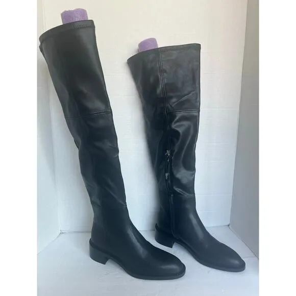 NWT Zara Tall Over The Knee Black Vegan Leather Square Toe Pull On Boots Sz 9