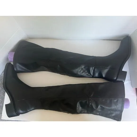 NWT Zara Tall Over The Knee Black Vegan Leather Square Toe Pull On Boots Sz 9