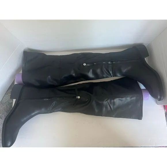 NWT Zara Tall Over The Knee Black Vegan Leather Square Toe Pull On Boots Sz 9