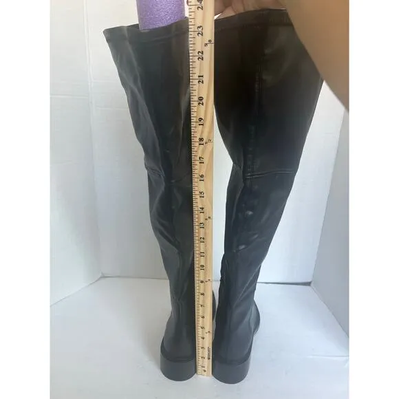 NWT Zara Tall Over The Knee Black Vegan Leather Square Toe Pull On Boots Sz 9