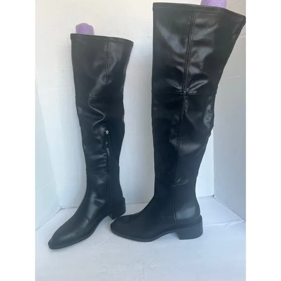 NWT Zara Tall Over The Knee Black Vegan Leather Square Toe Pull On Boots Sz 9