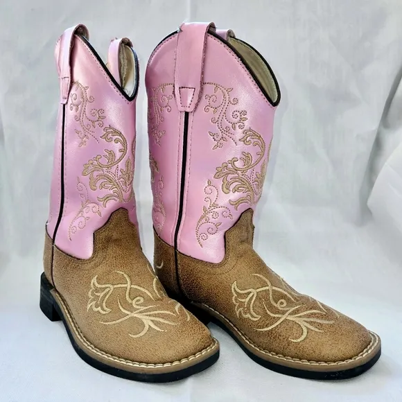 Old West Pink &amp; Brown Embroidered Square Toe Cowgirl Boots Size 11D