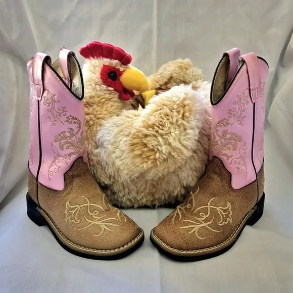 Old West Pink &amp; Brown Embroidered Square Toe Cowgirl Boots Size 11D