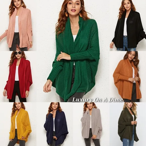 Oversized Knit Cardigan Batwing Sleeve Lightweight Baggy Open Front Sweater Top