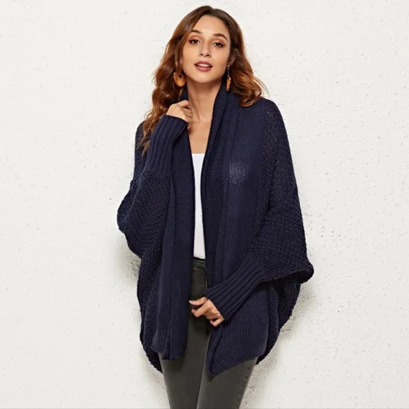 Oversized Knit Cardigan Batwing Sleeve Lightweight Baggy Open Front Sweater Top