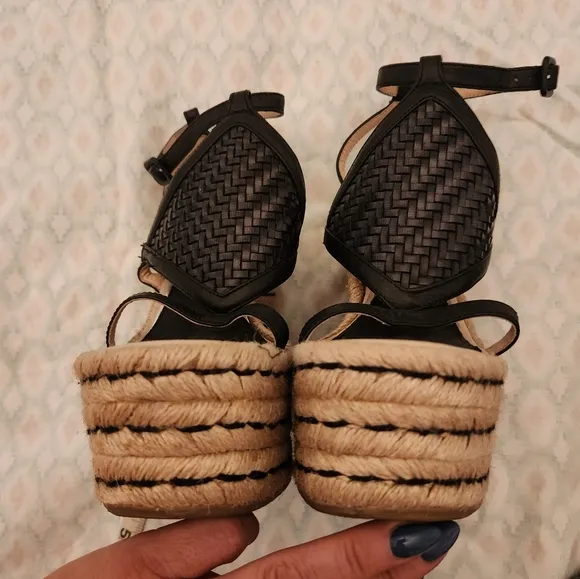 Paloma Barcelo  Leather Black Tan Wedge Platform Sandals Espadrillw Size 37
