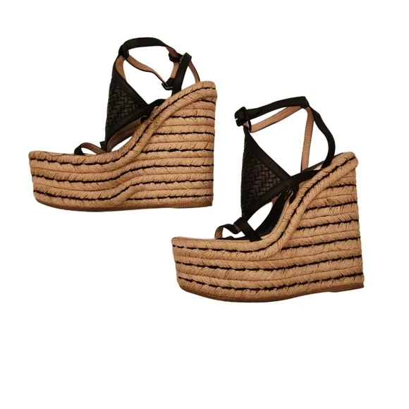 Paloma Barcelo  Leather Black Tan Wedge Platform Sandals Espadrillw Size 37