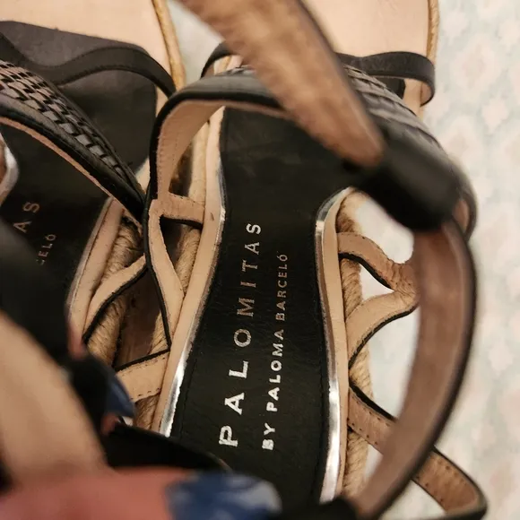 Paloma Barcelo  Leather Black Tan Wedge Platform Sandals Espadrillw Size 37