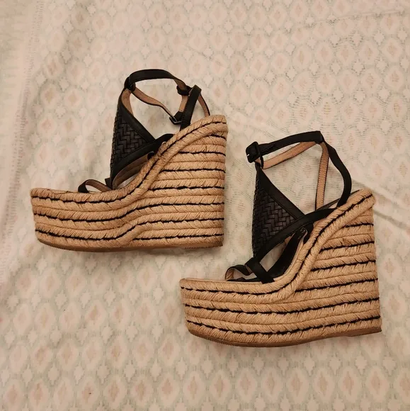Paloma Barcelo  Leather Black Tan Wedge Platform Sandals Espadrillw Size 37