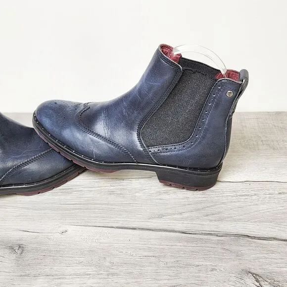 Pikolinos Chelsea Brogue Boot Womens Size 6.5 Blue Leather Ankle Comfort Stretch