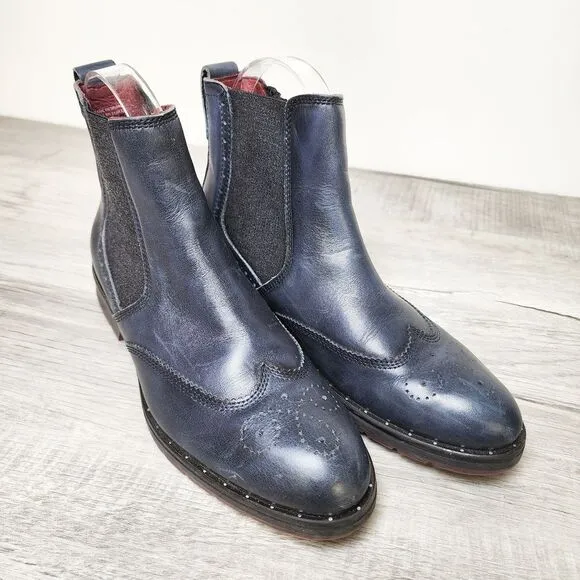 Pikolinos Chelsea Brogue Boot Womens Size 6.5 Blue Leather Ankle Comfort Stretch