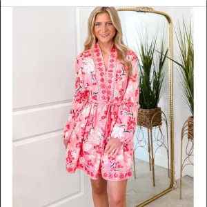 Pink floral belted long puff sleeve mini dress mint boutique NWOT so cute girlie
