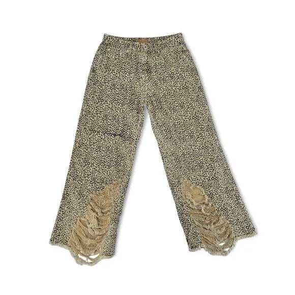 POL Leopard Flare Jeans Distressed Y2K Aesthetic Size SMP274