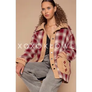 POL Red Plaid   Sherpa Embroidered Oversized Southwestern Jacket.