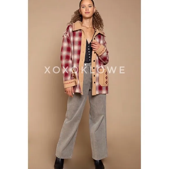 POL Red Plaid   Sherpa Embroidered Oversized Southwestern Jacket.