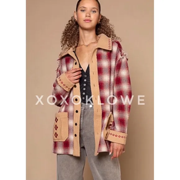 POL Red Plaid   Sherpa Embroidered Oversized Southwestern Jacket.