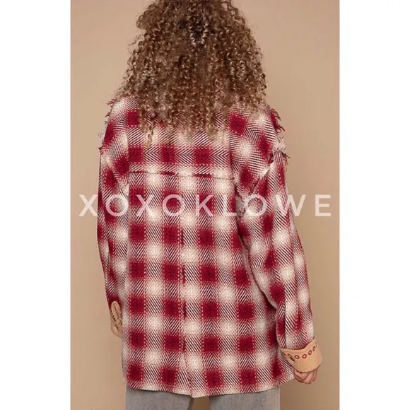 POL Red Plaid   Sherpa Embroidered Oversized Southwestern Jacket.