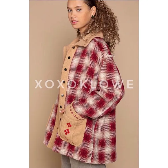 POL Red Plaid   Sherpa Embroidered Oversized Southwestern Jacket.