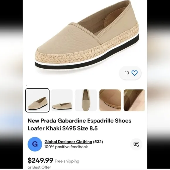 PRADA Gabardine Espadrille Slip-On Platform Canvas Shoes Tan/Khaki IT39/US8