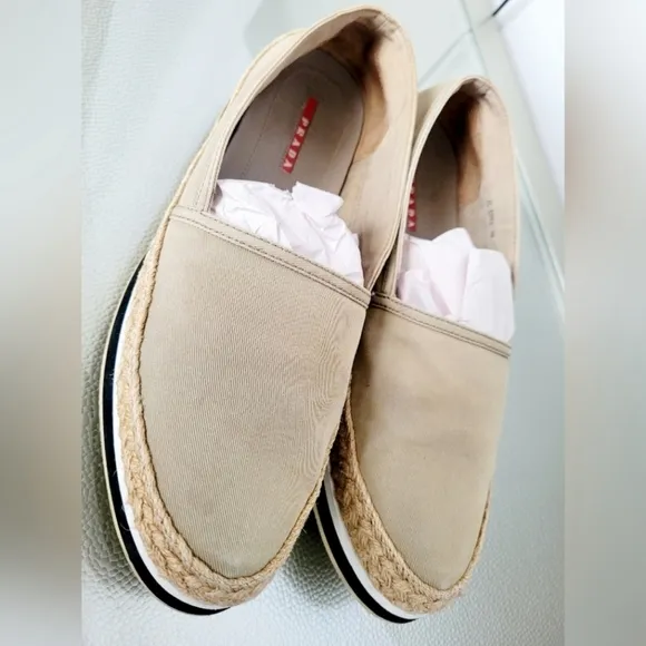 PRADA Gabardine Espadrille Slip-On Platform Canvas Shoes Tan/Khaki IT39/US8