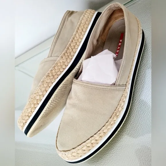 PRADA Gabardine Espadrille Slip-On Platform Canvas Shoes Tan/Khaki IT39/US8