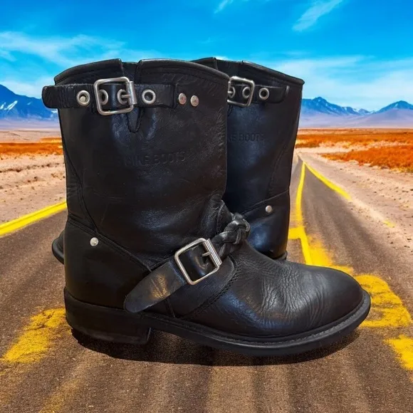 RARE-GOLDEN GOOSE Bikers Deluxe Brand Braided Black Leather Buckle Boots Moto 6