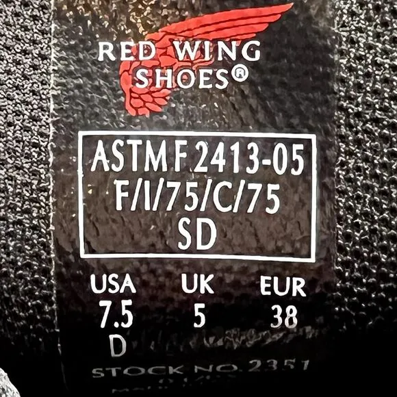 Red Wing Shoes 2351 Women's 7.5 D Black Leather Work Sneaker Steel Toe ASTM