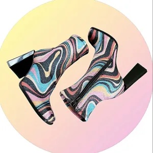 Retro Groovy Size 6 Sparkling Mod Psychedelic Block Heel Square Toe Ankle Boots
