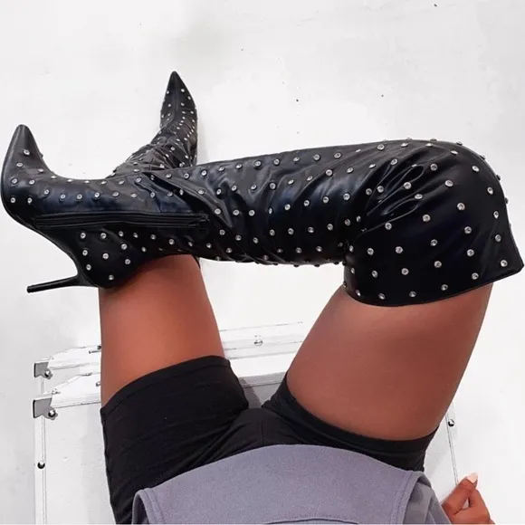 Rhinestone studded boots black
