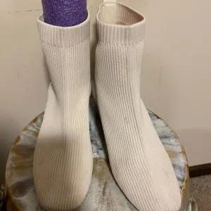 Ribbed Knit Stretch Sock Boots in Cream
