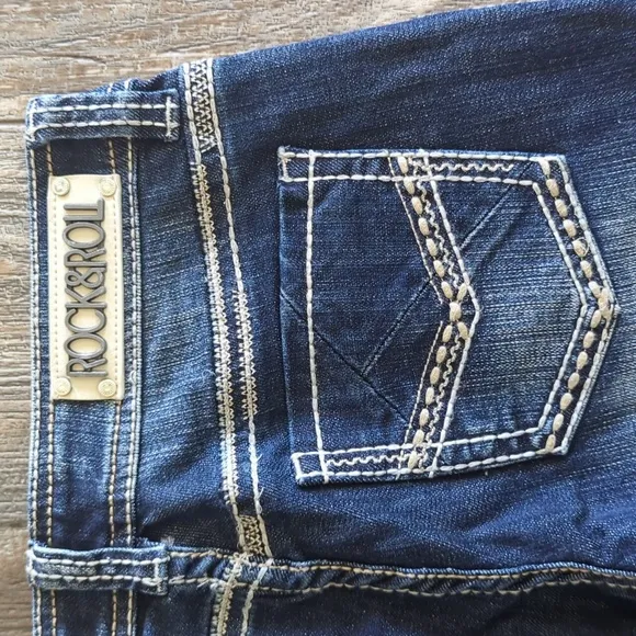 ROCK &amp; ROLL Cowgirl &quot;Rival Low Rise&quot; bootcut denim rodeo jeans sz 25x36L TALL