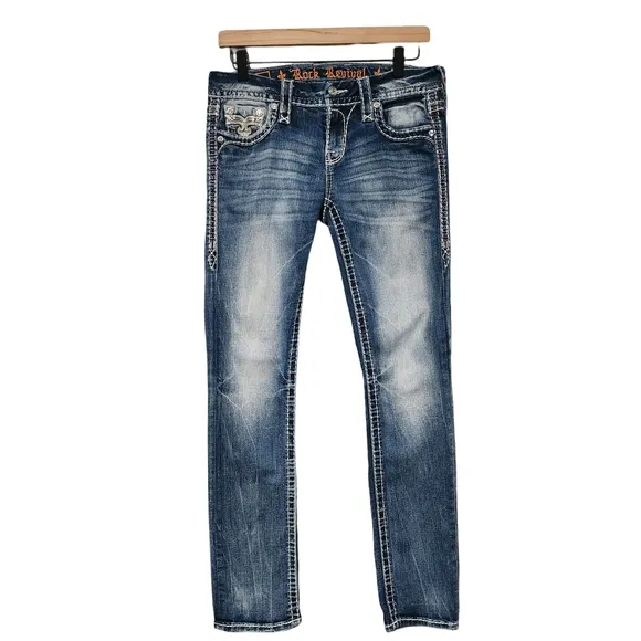 ROCK REVIVAL Leni Jeans Women's 27 Straight Leg Distressed Embellished Bling