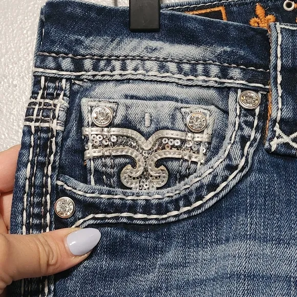 ROCK REVIVAL Leni Jeans Women's 27 Straight Leg Distressed Embellished Bling