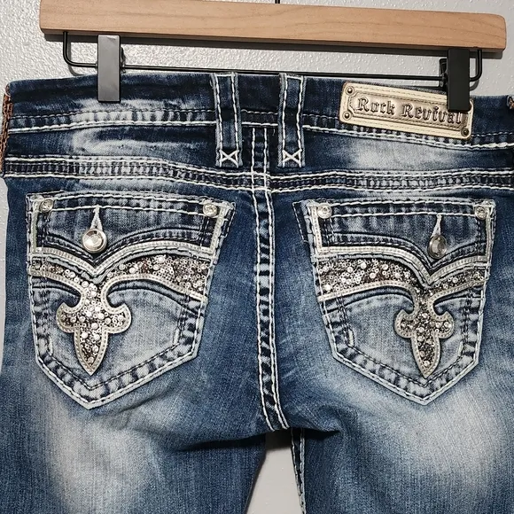 ROCK REVIVAL Leni Jeans Women's 27 Straight Leg Distressed Embellished Bling