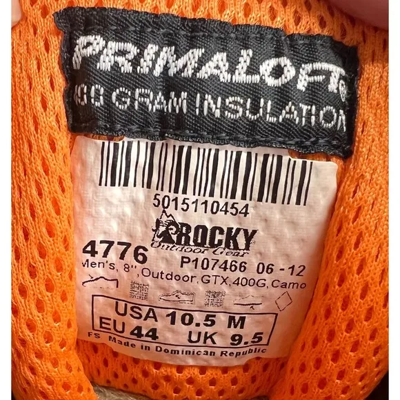 Rocky Boots Primaloft Camo Gore Tex 4776 400 Gram Insulation 8&quot; Mens Size 10.5
