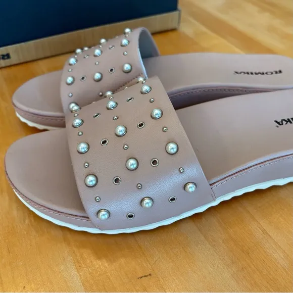 Romika Women's Studded Embellished Slide Pink Rose Sandals NEW Faux Pearl
