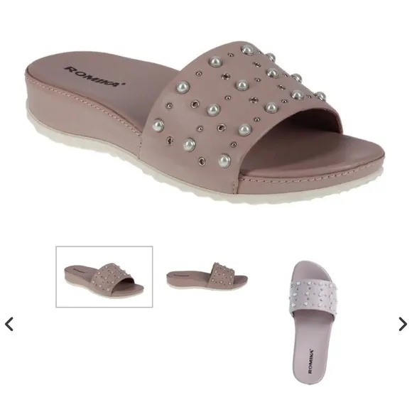 Romika Women's Studded Embellished Slide Pink Rose Sandals NEW Faux Pearl