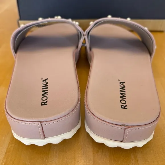 Romika Women's Studded Embellished Slide Pink Rose Sandals NEW Faux Pearl