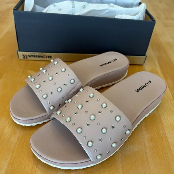 Romika Women's Studded Embellished Slide Pink Rose Sandals NEW Faux Pearl