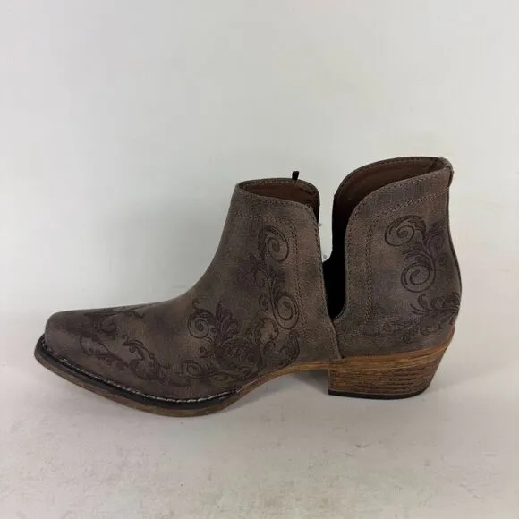 Roper Boots Women's 9 Brown Pull-On Snip Toe Embroider Ankle Cowboy Boots Bootie