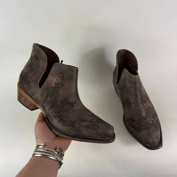 Roper Boots Women's 9 Brown Pull-On Snip Toe Embroider Ankle Cowboy Boots Bootie